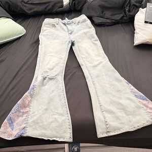 Forever 21 Light Blue Flare Jeans with Patterned Insets